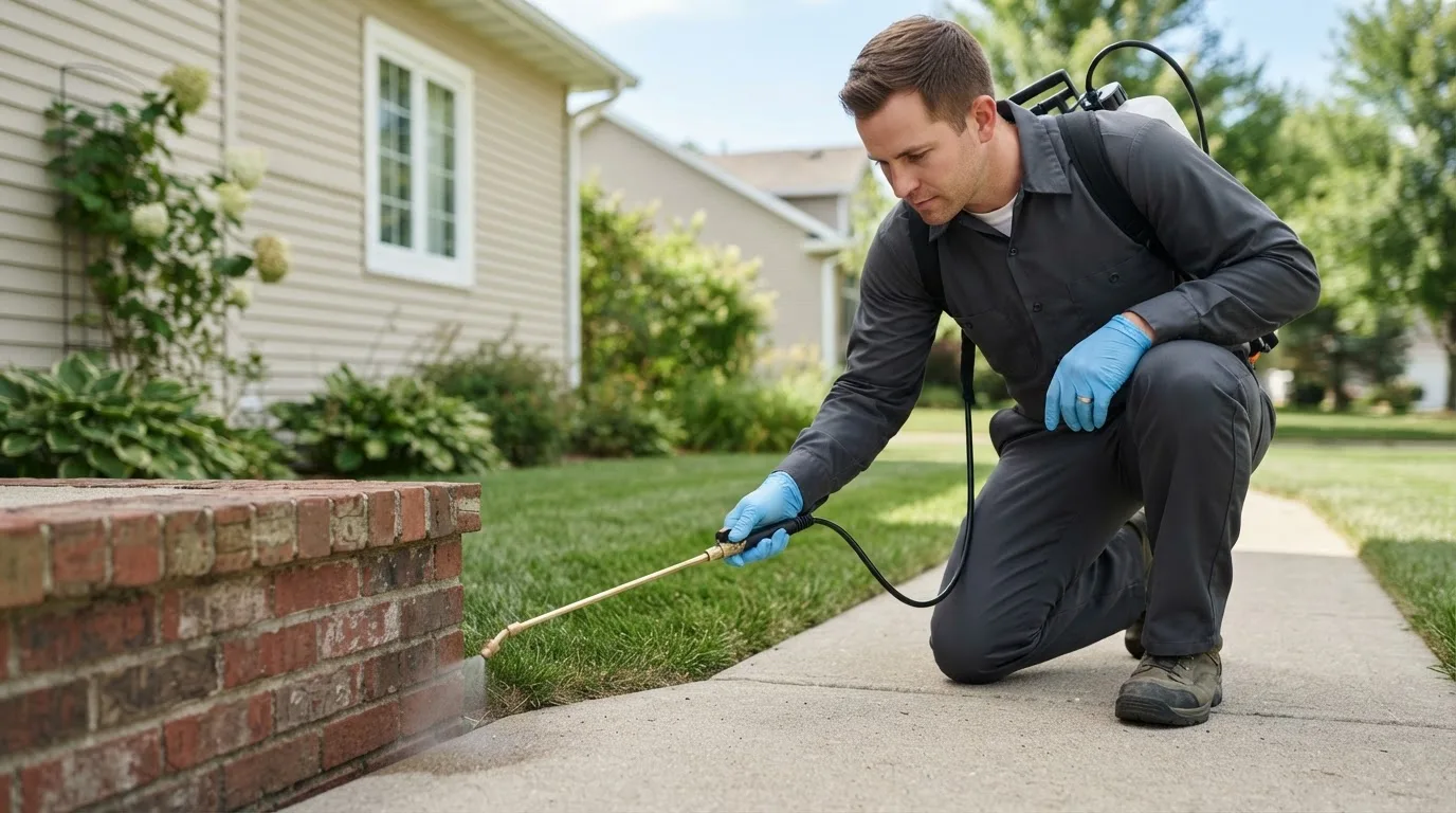 Pest control technician treating a home near Coatesville, PA